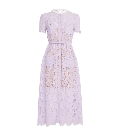 Self-portrait Lace Buttoned Cotton Blend Midi Dress In Purple