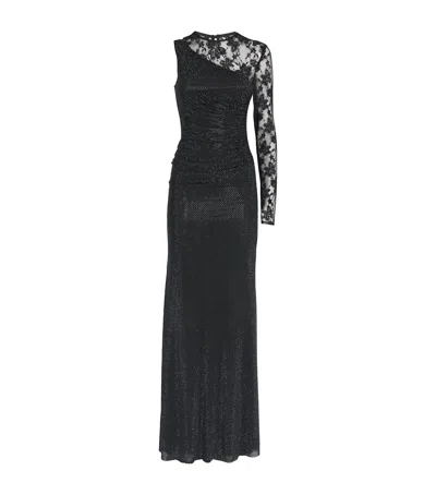 Self-portrait Self Portrait Black Rhinestone Mesh And Lace Maxi Dress