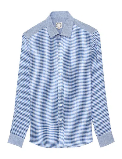 Ines De La Fressange Chemise Pour Homme Olivier En Lin, Motif Vichy Bleu Et Empiècements In Blue