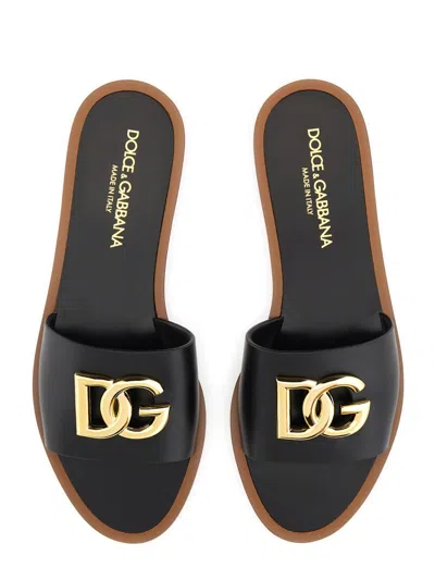 Dolce & Gabbana Black Calf Leather Bianca Slides In Black