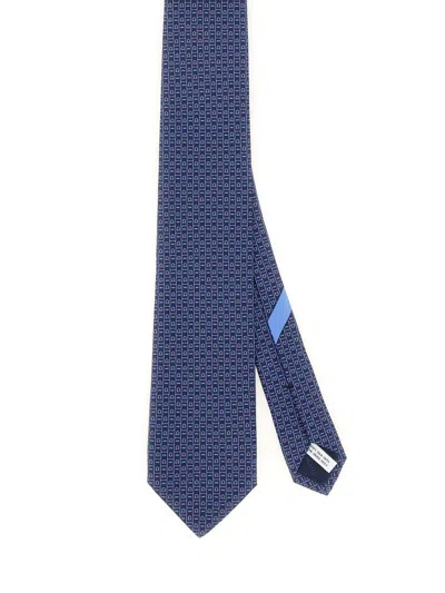 Ferragamo Logo Print Geometric Pattern Slim Tie In Blue
