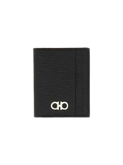 Ferragamo Textured Calfskin Cardholder With Polished Logo Accent In Black