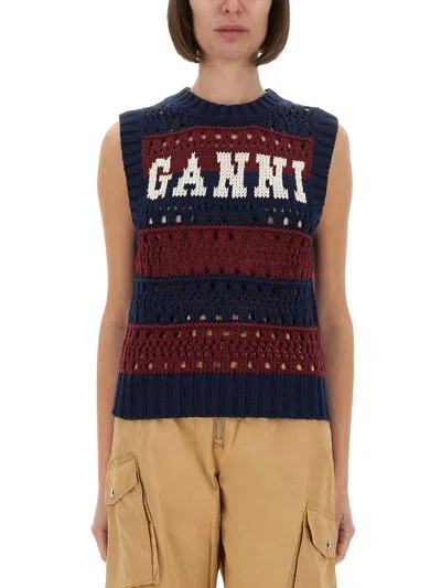 Ganni Striped Openwork Vest With Logo Inlay In Multi