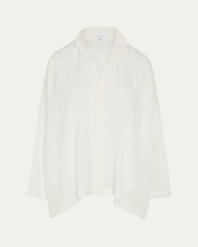 Eskandar Satin Box Check Jacquard Wide Longer-back Double-stand Collar Shirt (mid Plus Length) In White