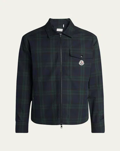 Moncler Cotton Gabarine Shirt Jacket With Check Pattern In Blue