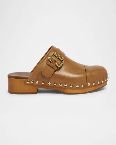 Chloé Calfskin Mules Bold Wooden Platform In Brown