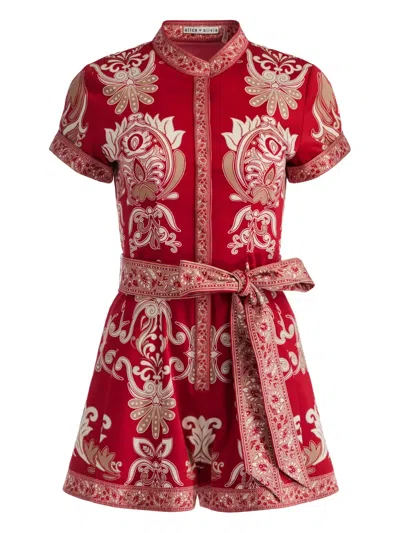 Alice And Olivia Lucy Roll Sleeve Button Down Romper Serenade Dark Cherry In Red