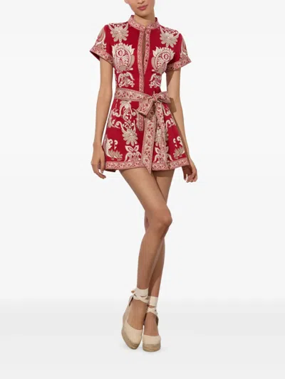 Alice And Olivia Lucy Roll Sleeve Button Down Romper Serenade Dark Cherry In Red
