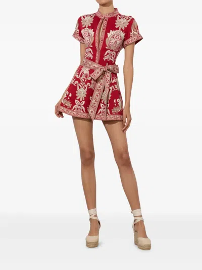 Alice And Olivia Lucy Roll Sleeve Button Down Romper Serenade Dark Cherry In Red