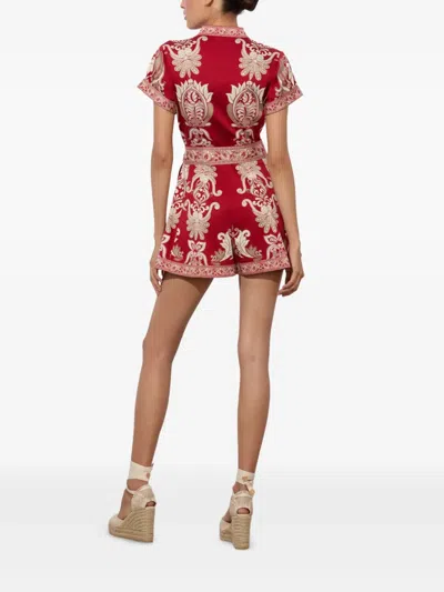 Alice And Olivia Lucy Roll Sleeve Button Down Romper Serenade Dark Cherry In Red