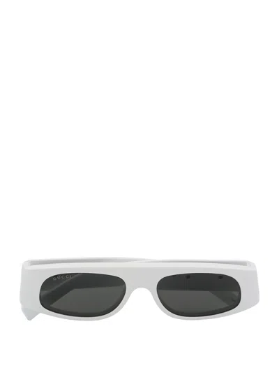 Gucci Rectangular Frame Sunglasses With Dark Rounded Lenses In White