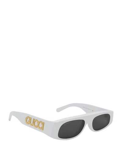 Gucci Rectangular Frame Sunglasses With Dark Rounded Lenses In White