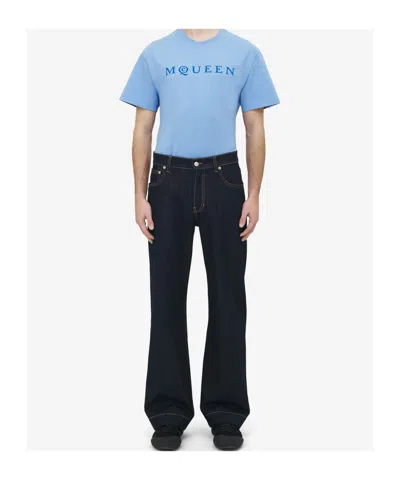 Alexander Mcqueen Cotton Denim Wide Leg Jeans In Blue
