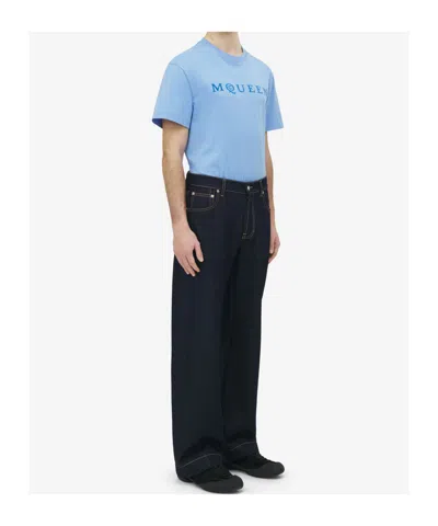 Alexander Mcqueen Cotton Denim Wide Leg Jeans In Blue