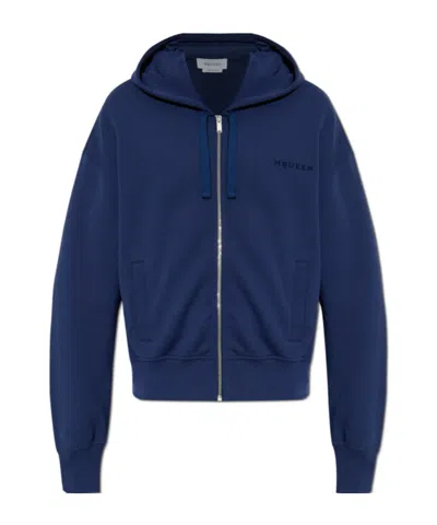 Alexander Mcqueen Full-zip Hooded Sweatshirt With Embroidered Detailing In Blue