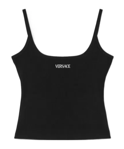 Versace Logo Ribbed Tank Top In Black