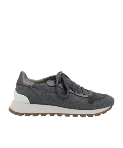 Brunello Cucinelli Runners In Techno Fabric And Calfskin With Precious Trim In Gray