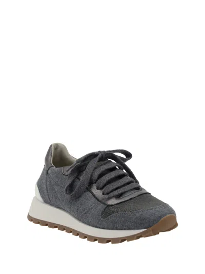 Brunello Cucinelli Runners In Techno Fabric And Calfskin With Precious Trim In Gray