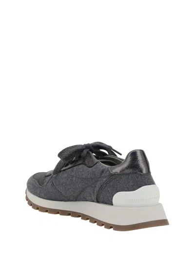 Brunello Cucinelli Runners In Techno Fabric And Calfskin With Precious Trim In Gray