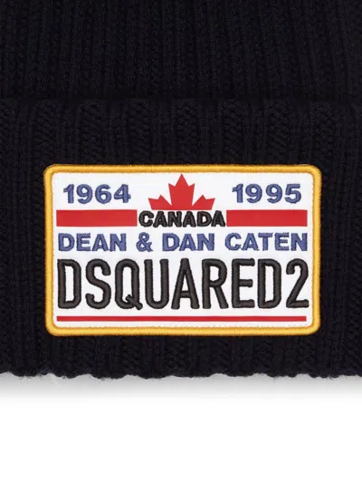 Dsquared2 Knitted Beanie With Folded Cuff And Colorful Patch In Black