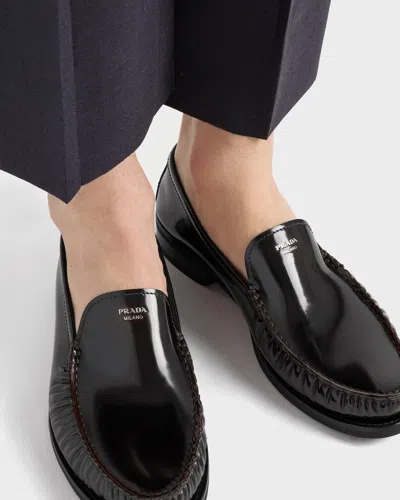 Prada Brushed Leather Loafers Shoes In Black