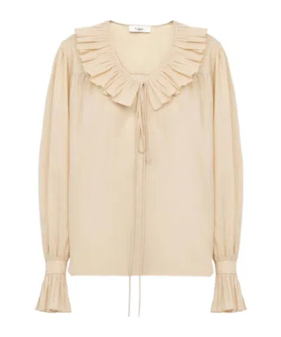 Chloé Gathered Ruffle Top In Cotton Voile In Neutral