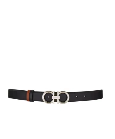Ferragamo Reversible And Adjustable Belt With Hammered Gancini In Brown