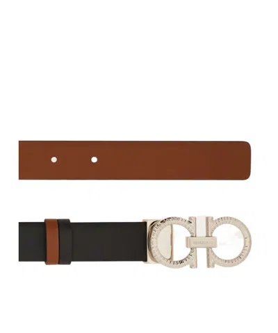 Ferragamo Reversible And Adjustable Belt With Hammered Gancini In Brown