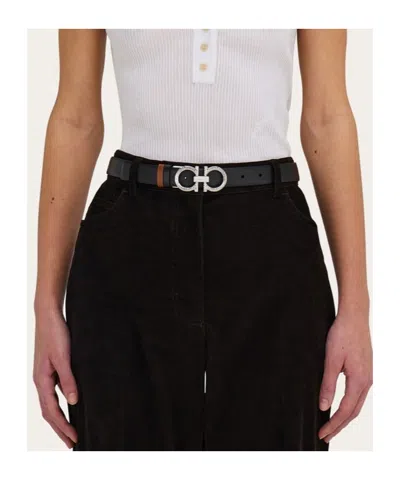 Ferragamo Reversible And Adjustable Belt With Hammered Gancini In Brown
