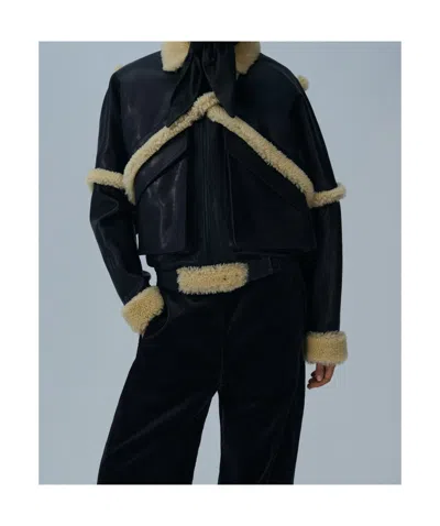 Magda Butrym Leather Jacket With Unique Fur Insert In Black