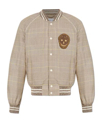 Alexander Mcqueen Skull Patch Prince Of Wales Bomber Jacket In Brown