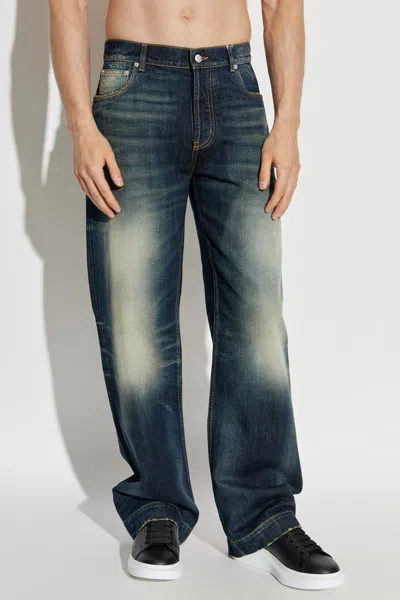 Alexander Mcqueen Wide Leg Faded Jeans In Blue