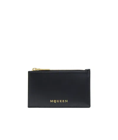 Alexander Mcqueen Logo Stamped Leather Zip Cardholder In Black
