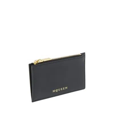 Alexander Mcqueen Logo Stamped Leather Zip Cardholder In Black