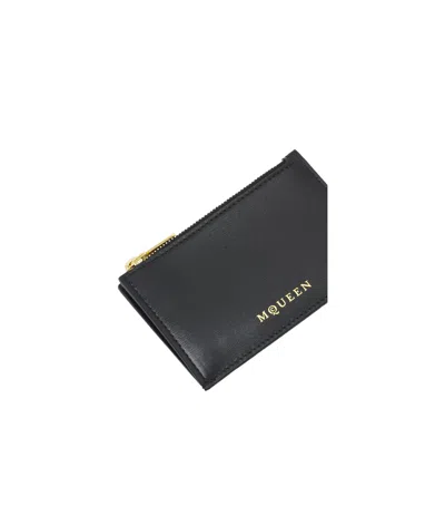 Alexander Mcqueen Logo Stamped Leather Zip Cardholder In Black