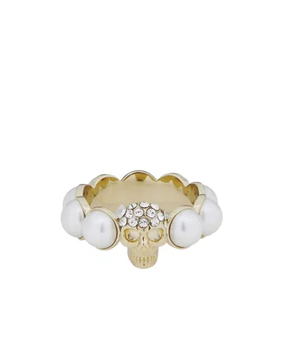 Alexander Mcqueen Crystal And Pearl Skull Rings In Gold