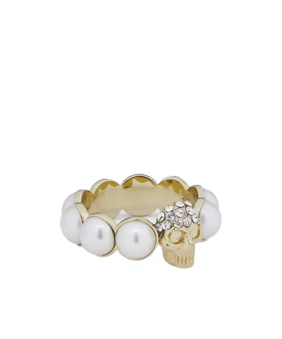 Alexander Mcqueen Crystal And Pearl Skull Rings In Gold