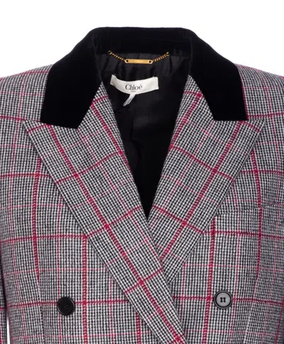 Chloé Black/white Checkered Wool Double-breasted Blazer In Gray