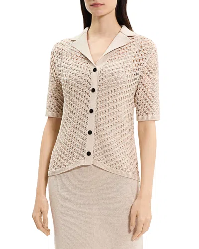 Theory Open Knit Camp Collar Top In Neutral