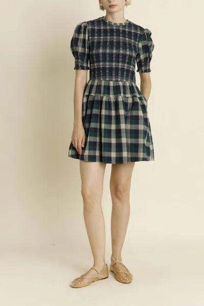 Aureum Plaid Smocked Mini Dress In Green/navy In Green