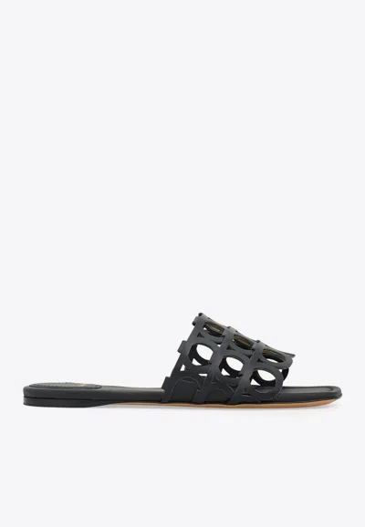 Ferragamo Erne Leather Gancini Link Slide Sandals In Black