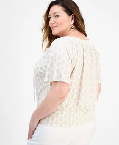 Jm Collection Plus Size Printed Tie Split Neck Top, Exclusively At Macy's In Neutral
