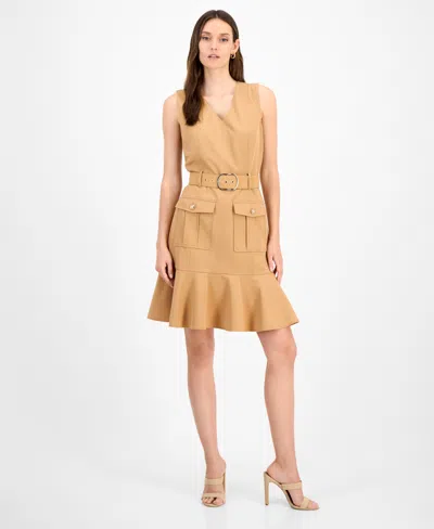 Tahari Asl Women's Belted Sleeveless Fit & Flare Dress In Brown