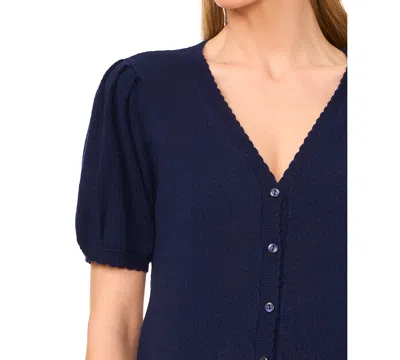 Cece Women's Pointelle-stitch Short-sleeve V-neck Cardigan In Blue
