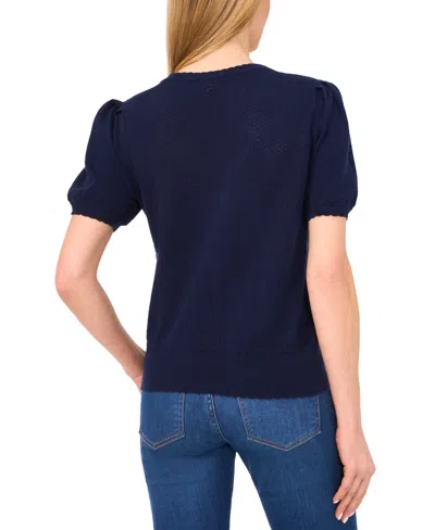 Cece Women's Pointelle-stitch Short-sleeve V-neck Cardigan In Blue
