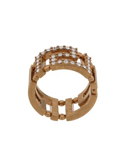Versace Brass And Crystal Geometric Open Band Ring In Brown