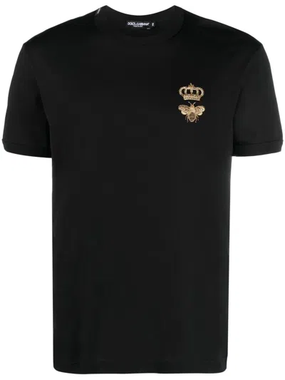 Dolce & Gabbana Embroidered Bee And Crown Cotton T-shirt In Black