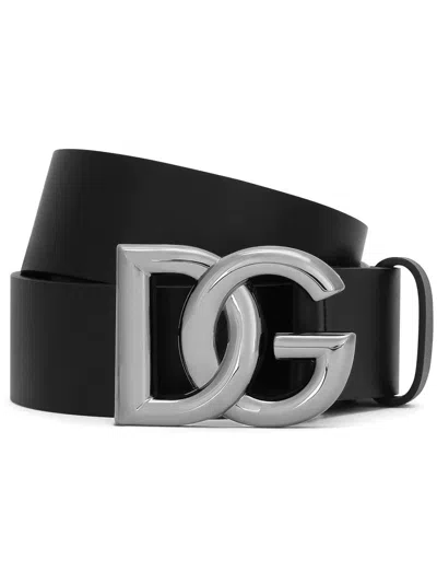 Dolce & Gabbana Lux Leather Belt With Crossover Dg Logo Buckle In Black