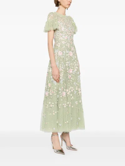 Needle & Thread Antoinettes Floral Round Neck Ankle Gown In Green