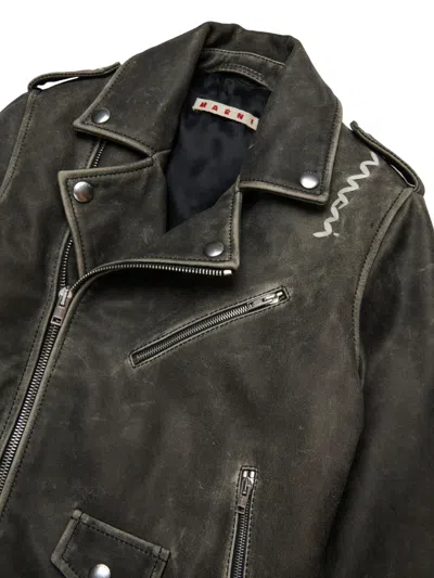 Marni Vintage Effect Leather Biker Jacket Kids In Black